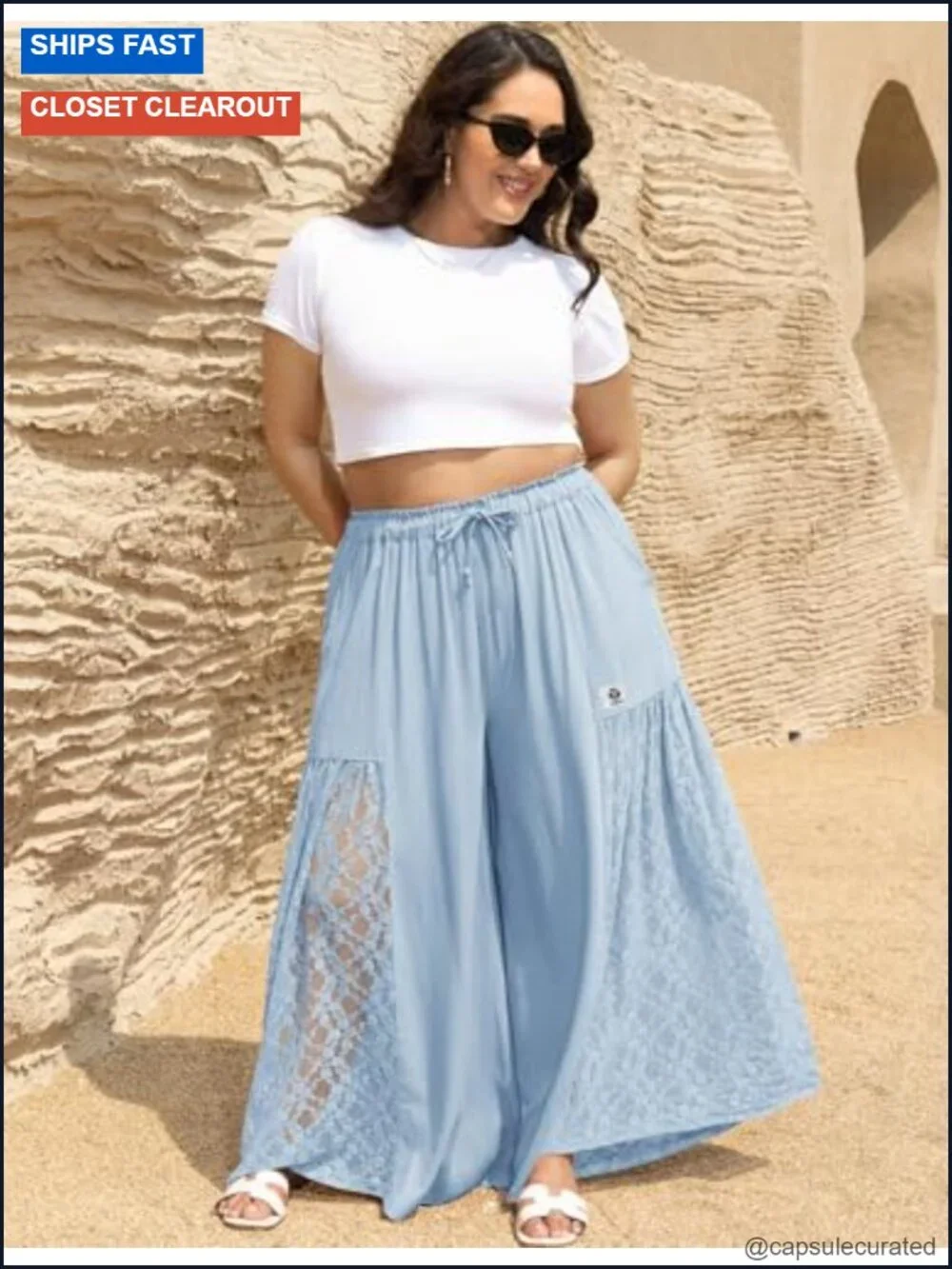 Linen Wide Leg Pants Lace Patchwork Boho Elastic Waist Palazzo Pockets